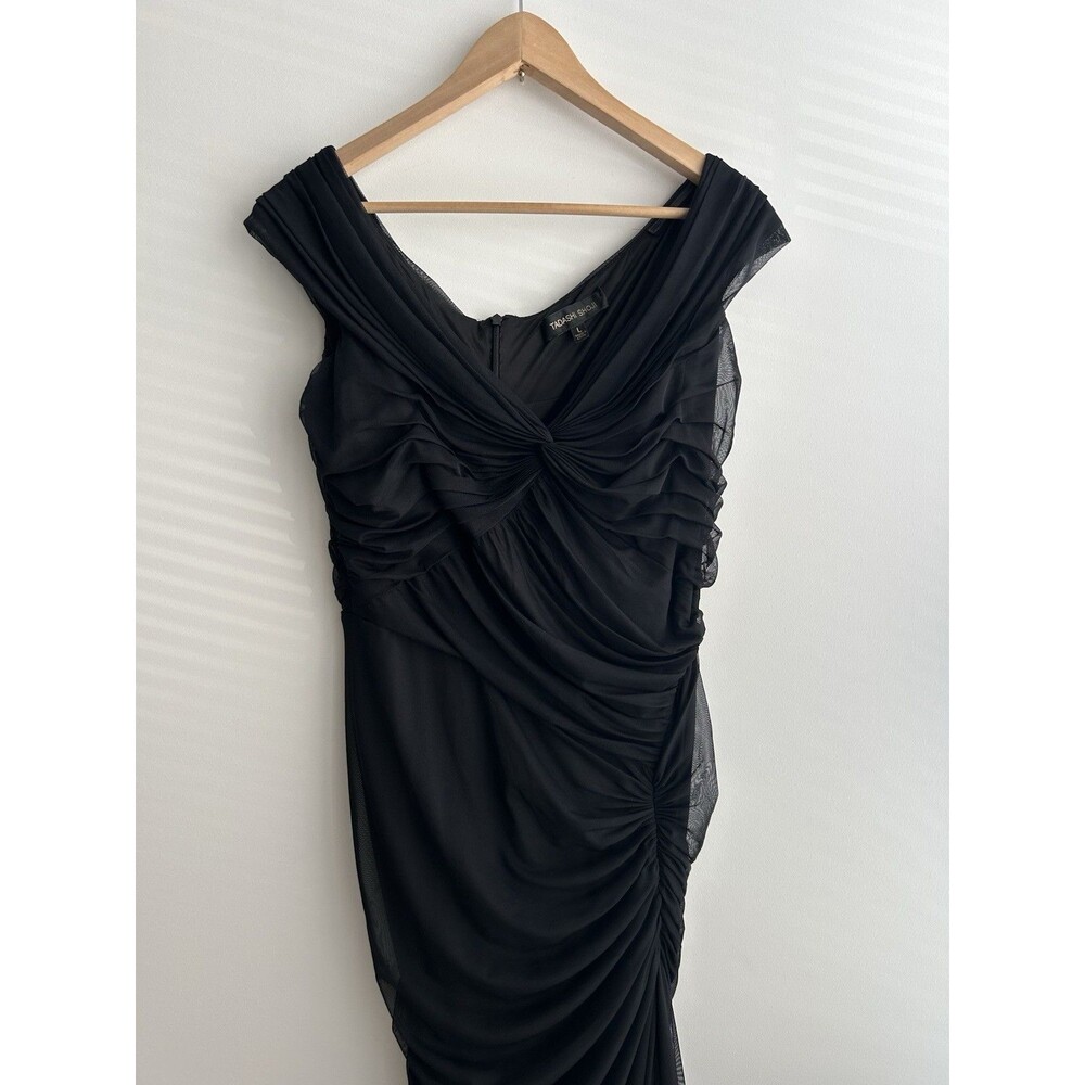 Tadashi Shoji Sz Large Black Off Shoulder Twist Mermaid Mesh Ruched Dress Gown - Picture 2 of 9